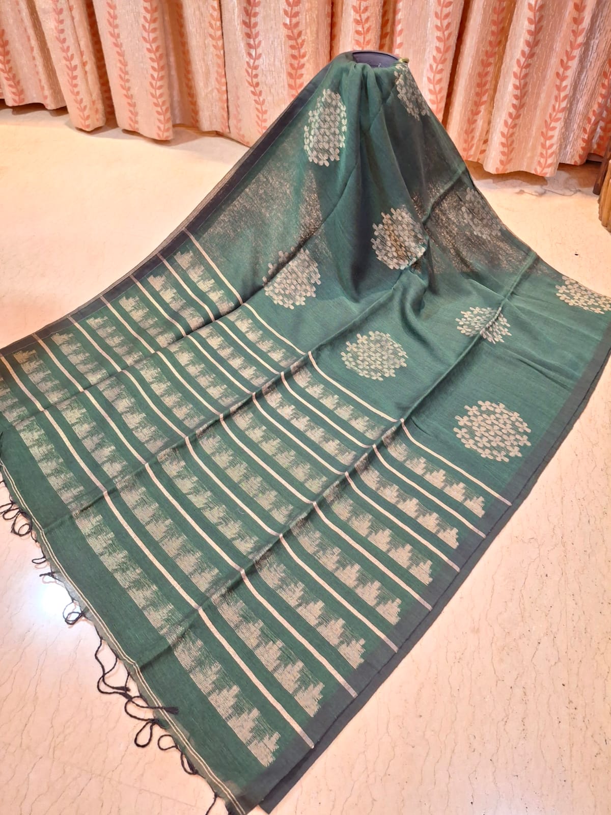 Deep Green Colour Organic Linen with Zari Weaved Design in the Body and Anchal