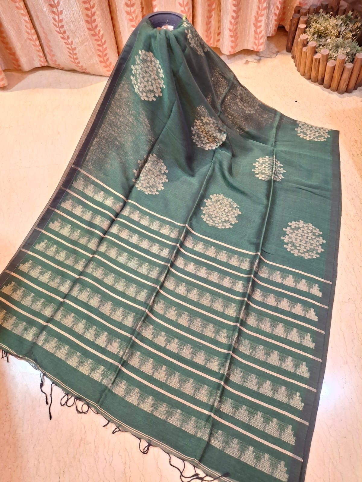 Deep Green Colour Organic Linen with Zari Weaved Design in the Body and Anchal