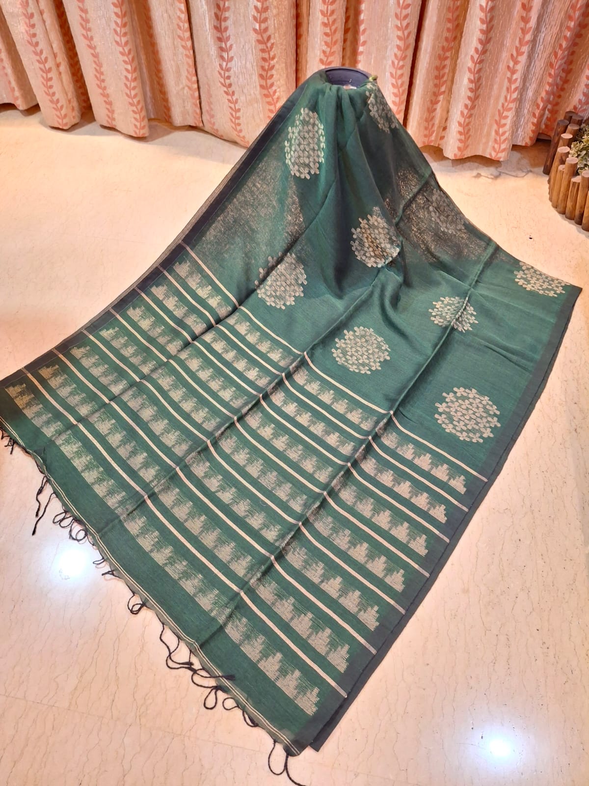 Deep Green Colour Organic Linen with Zari Weaved Design in the Body and Anchal