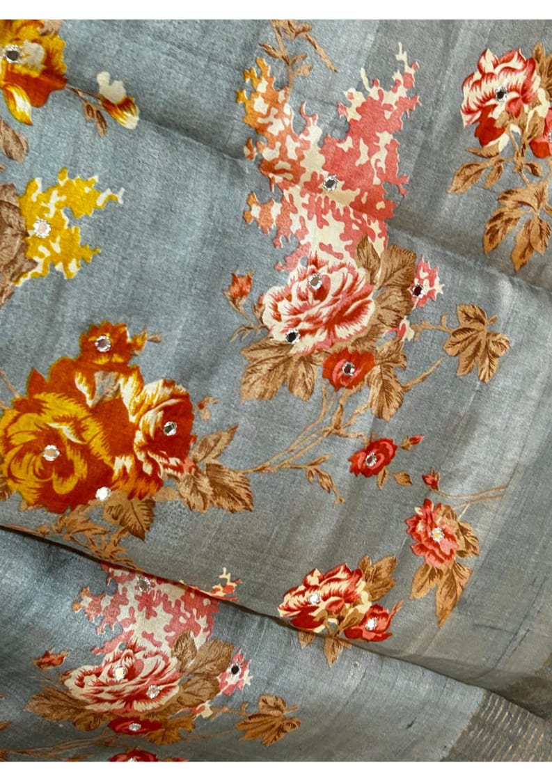 Grey Colour Hand Block Printed Ganchi Tussar Silk with Mirror Work in the Body