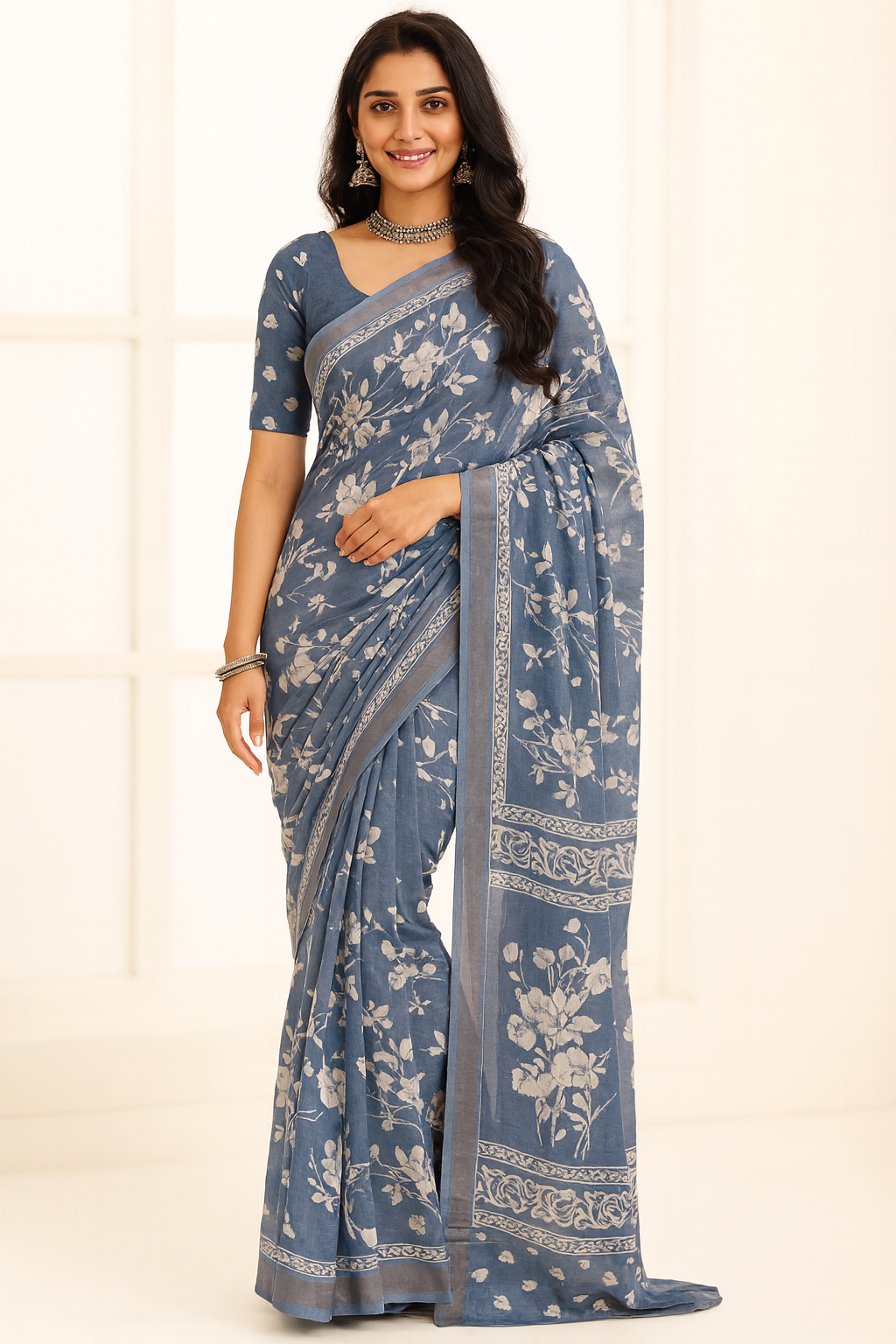 Grey Colour Hand Block Printed Bapta Tussar Silk