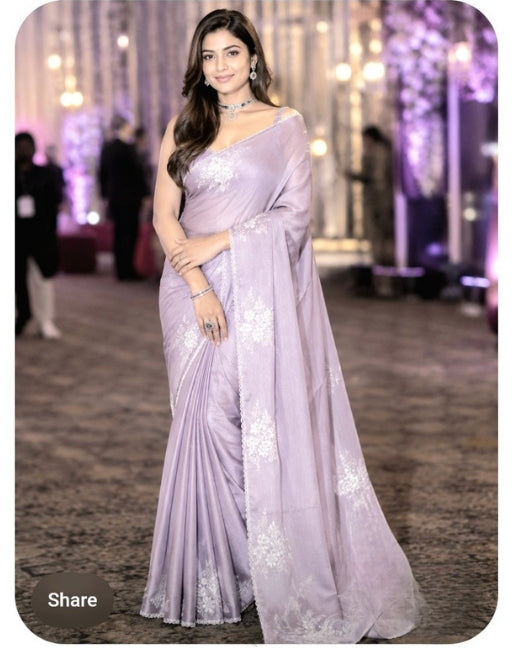 Lavender Colour Tussar by Katan Silk Saree with Intricate Embroidery Work in the Borderand Anchal