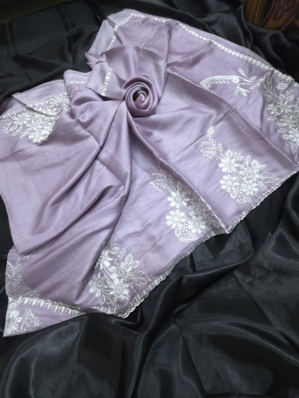 Lavender Colour Tussar by Katan Silk Saree with Intricate Embroidery Work in the Borderand Anchal