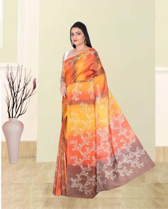 Orange Yellow Brown Multicolour Hand Block Printed Mulberry Katan Silk