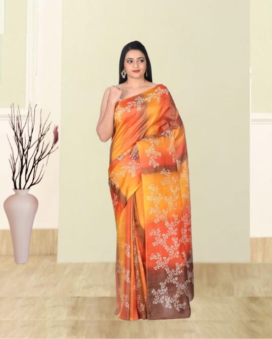 Orange Yellow Brown Multicolour Hand Block Printed Mulberry Katan Silk