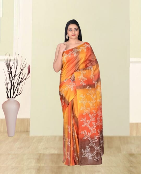 Orange Yellow Brown Multicolour Hand Block Printed Mulberry Katan Silk