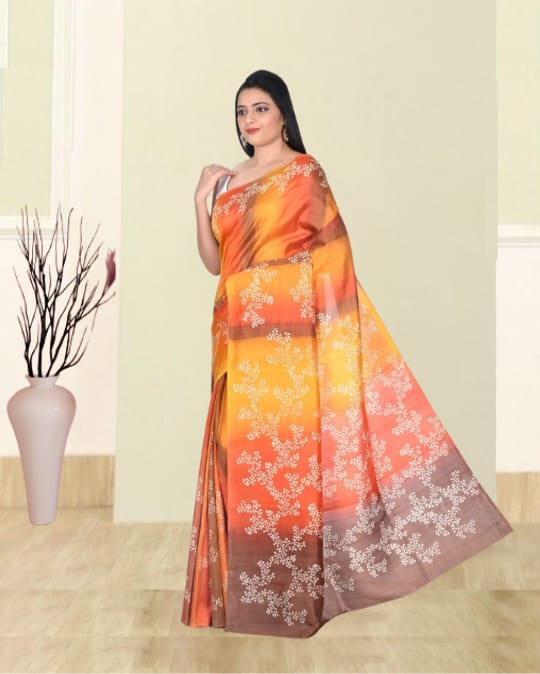 Orange Yellow Brown Multicolour Hand Block Printed Mulberry Katan Silk