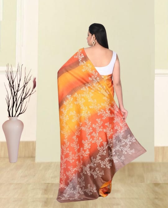 Orange Yellow Brown Multicolour Hand Block Printed Mulberry Katan Silk