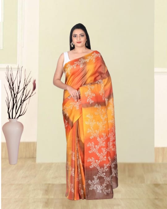 Orange Yellow Brown Multicolour Hand Block Printed Mulberry Katan Silk