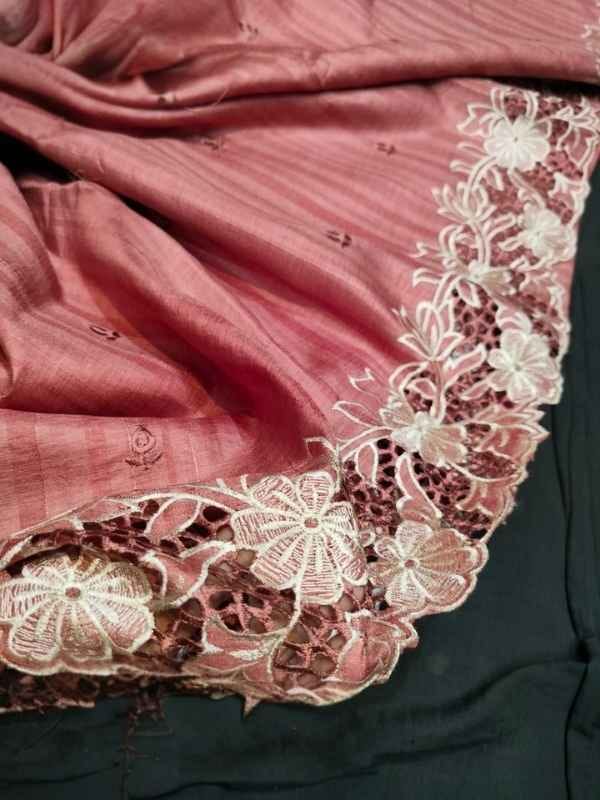 Peach Tussar Silk Saree with Cutwork Embroidery Border
