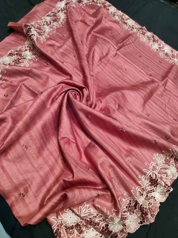 Peach Tussar Silk Saree with Cutwork Embroidery Border