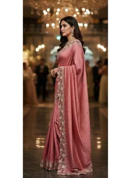 Peach Tussar Silk Saree with Cutwork Embroidery Border
