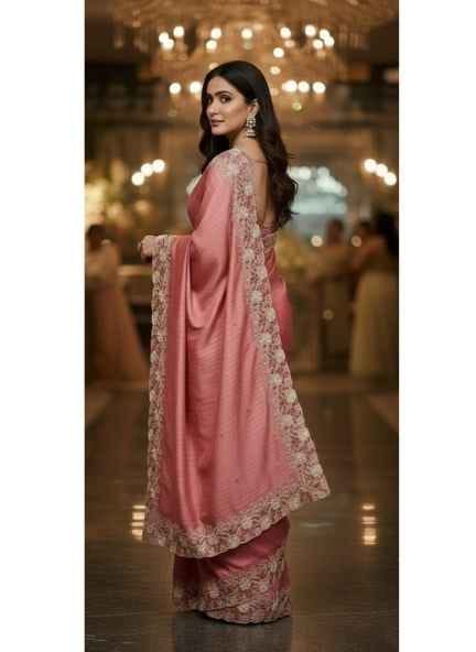 Peach Tussar Silk Saree with Cutwork Embroidery Border
