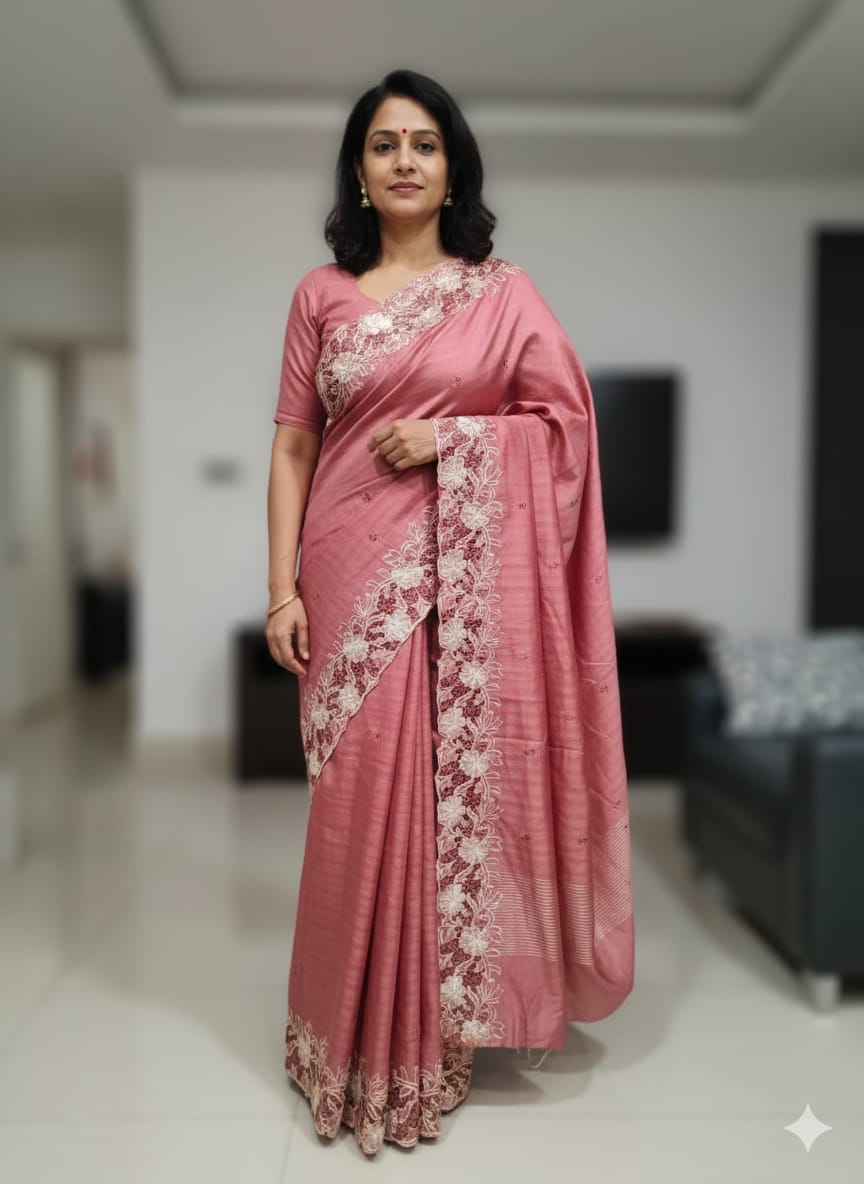 Peach Tussar Silk Saree with Cutwork Embroidery Border