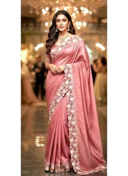 Peach Tussar Silk Saree with Cutwork Embroidery Border
