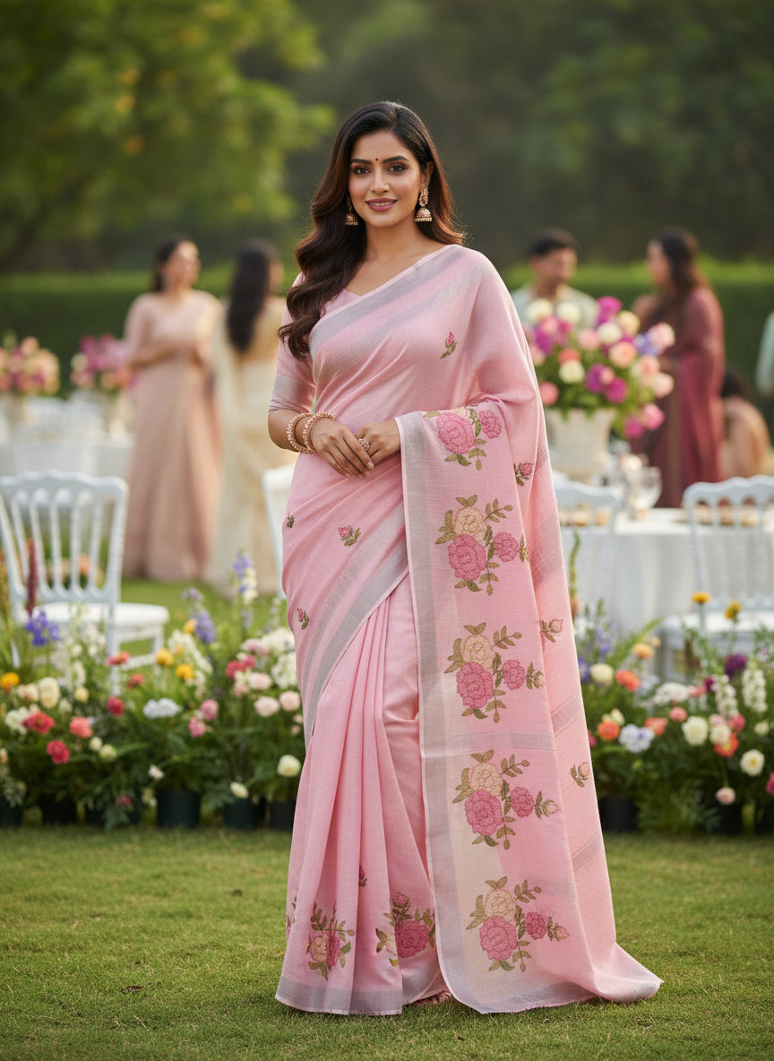 Pink Colour Embroidered Linen Saree
