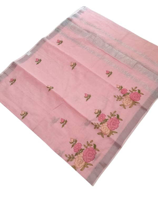 Pink Colour Embroidered Linen Saree