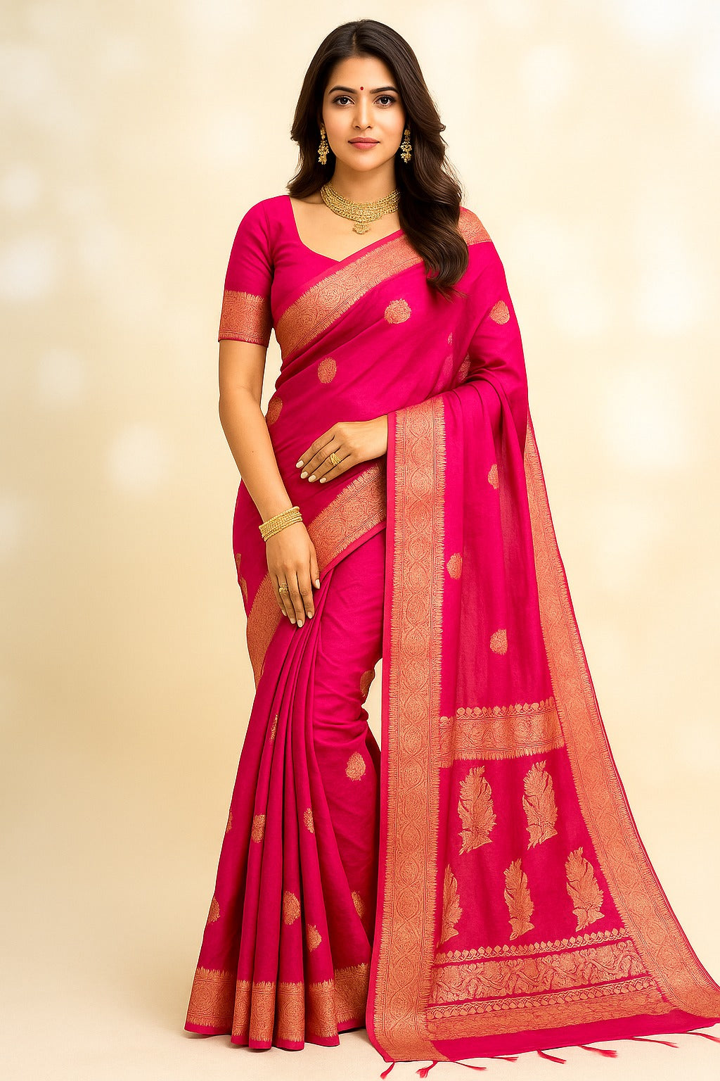Magenta Pink Colour Organic Linen Banarasi with Zari Weaved Design