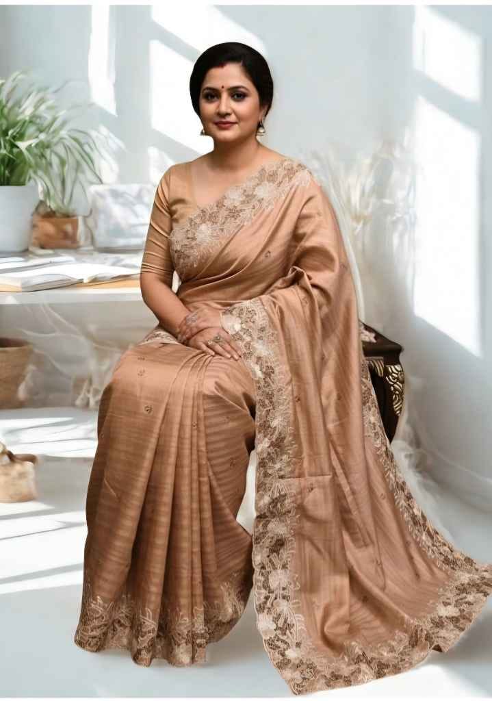 Toffy Colour Tussar Silk with Handmade Cutwork Embroidery in the Border and Anchal