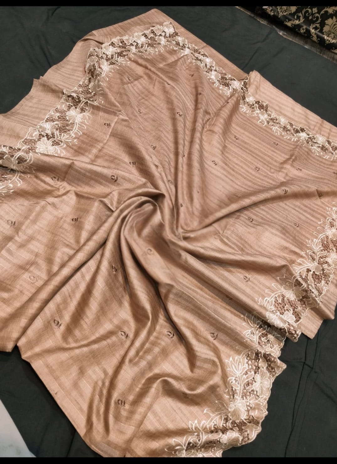 Toffy Colour Tussar Silk with Handmade Cutwork Embroidery in the Border and Anchal