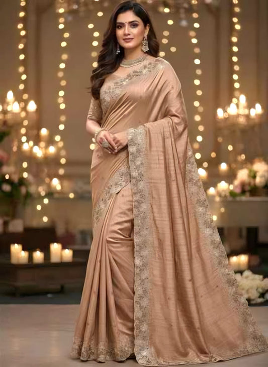 Toffy Colour Tussar Silk with Handmade Cutwork Embroidery in the Border and Anchal