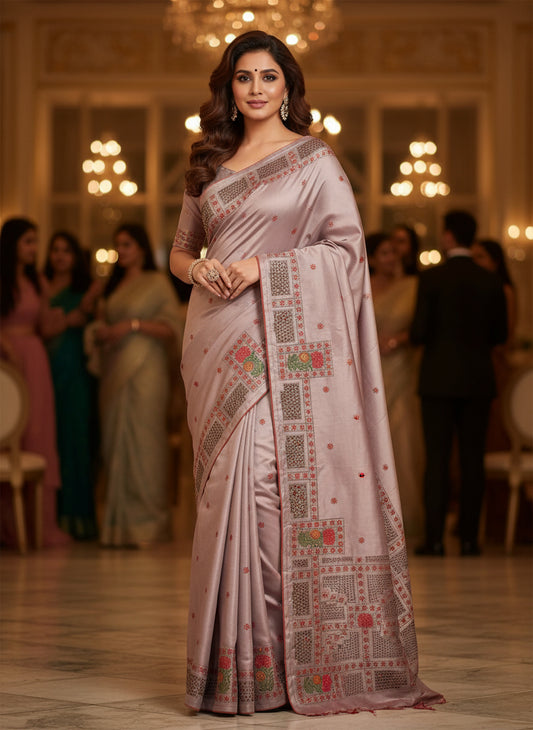 Hand Cutwork and Embroidery Work on Light Violate Colour Katan Silk