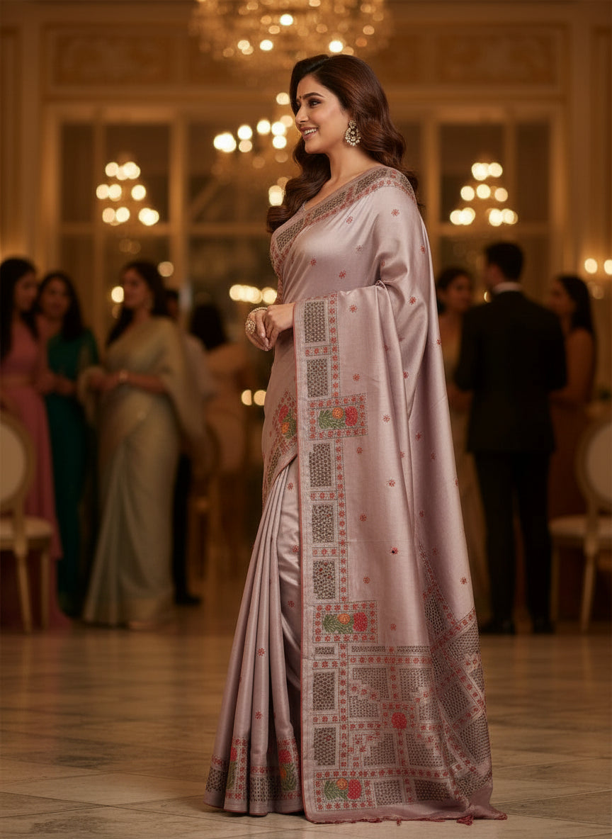 Act as a fashion celebrity photographer and creat a model image of a modern Indian woman wearing this saree with matching jewellery and stylish modern hair style,she is visiting an office party talking to someone in the party, not looking at the camera, her side posture is visible to the camera and the whole saree and  saree palla  is visible, make the image realistic and give a blurred background ofthe party
