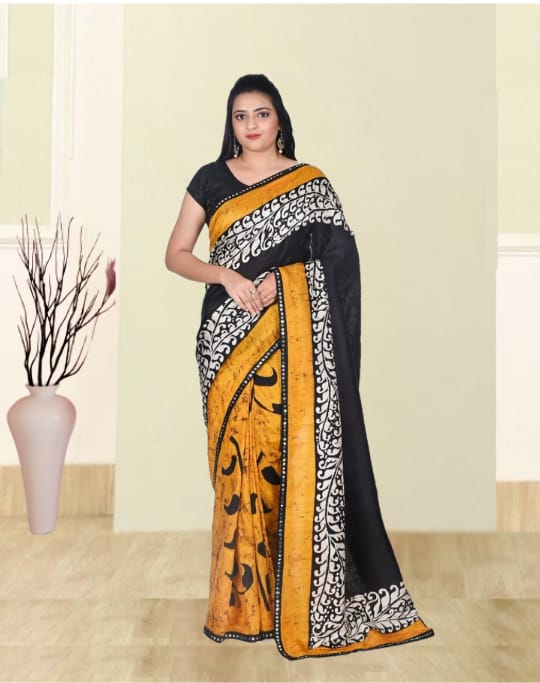 Yellow Black White Colour Hand Batik Print on Mulberry Katan Silk