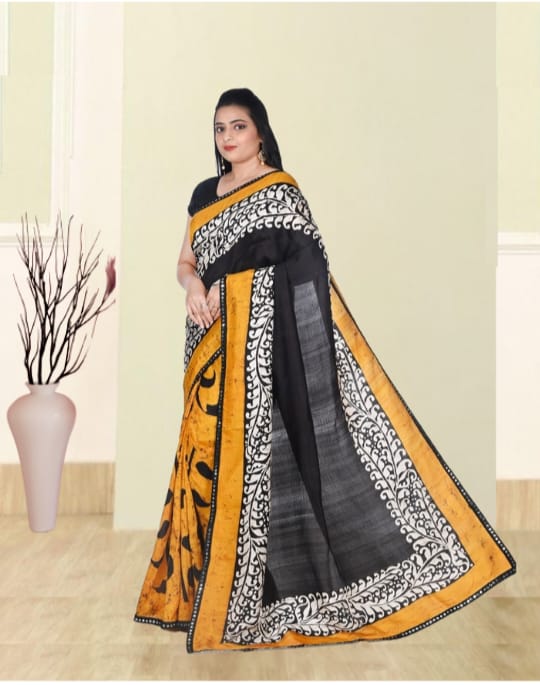 Yellow Black White Colour Hand Batik Print on Mulberry Katan Silk