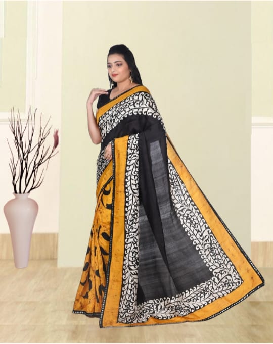 Yellow Black White Colour Hand Batik Print on Mulberry Katan Silk