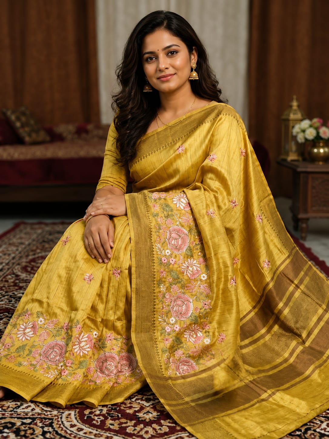 Yellow Katan Silk Saree with Zari Borde, Embroidery Work in the Border and Small Motifs in the Body