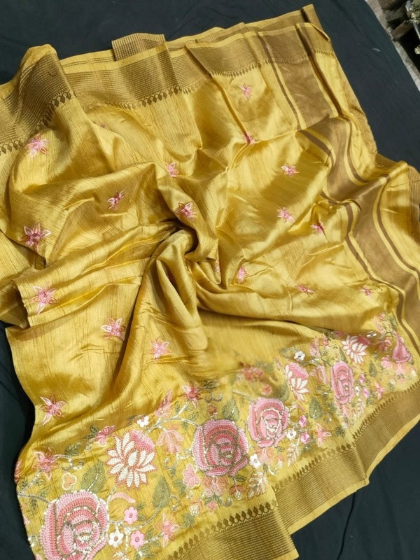 Yellow Katan Silk Saree with Zari Borde, Embroidery Work in the Border and Small Motifs in the Body