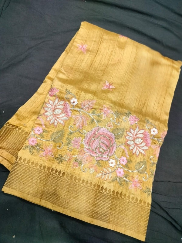 Yellow Katan Silk Saree with Zari Borde, Embroidery Work in the Border and Small Motifs in the Body