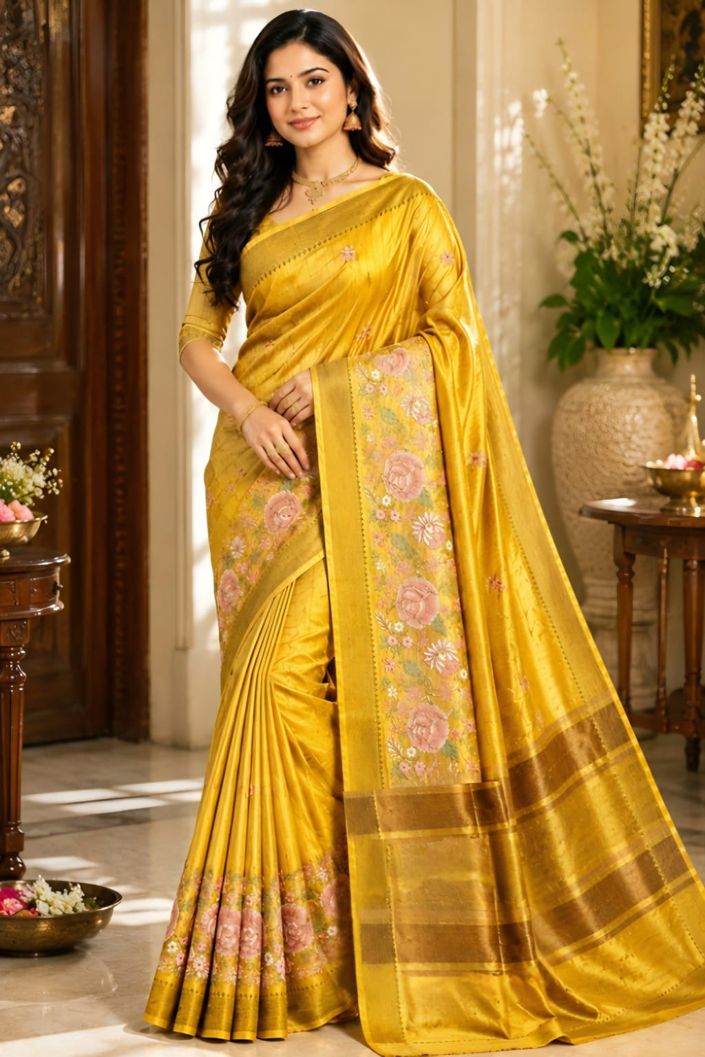 Yellow Katan Silk Saree with Zari Borde, Embroidery Work in the Border and Small Motifs in the Body