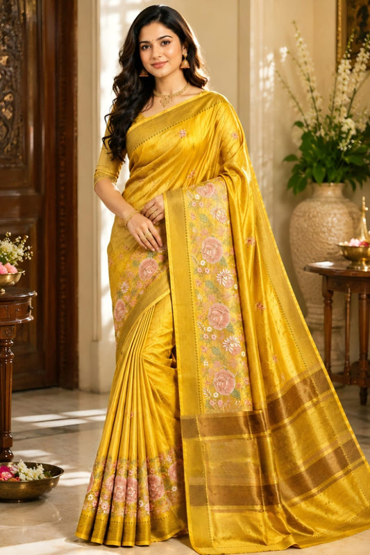 Yellow Katan Silk Saree with Zari Borde, Embroidery Work in the Border and Small Motifs in the Body