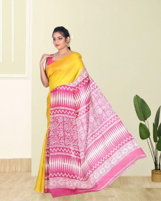 Yellow Pink Hand Block Printed Mulberry Katan Silk