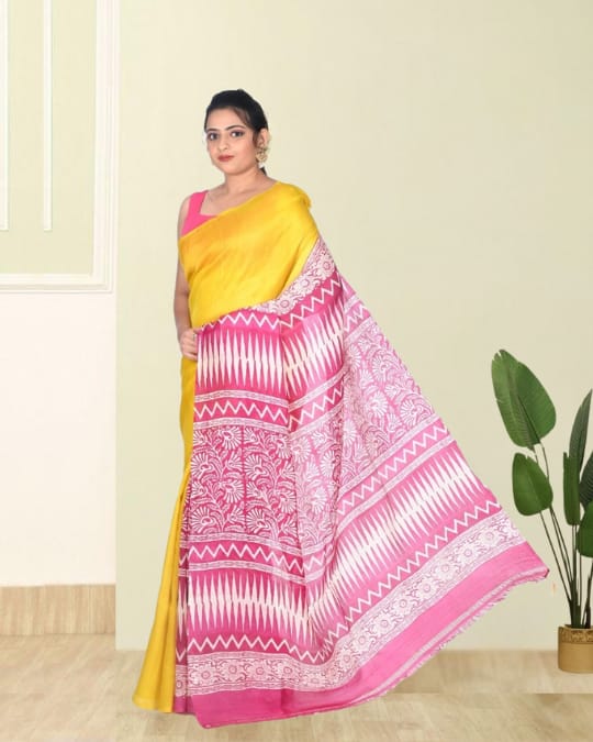 Yellow Pink Hand Block Printed Mulberry Katan Silk