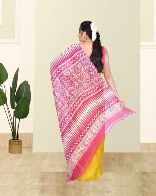 Yellow Pink Hand Block Printed Mulberry Katan Silk