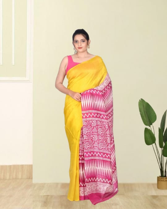 Yellow Pink Hand Block Printed Mulberry Katan Silk